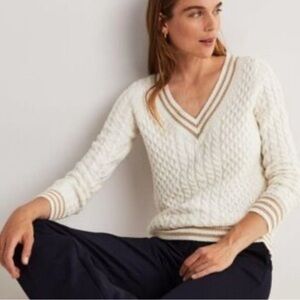 Boden Cream and Gold V-Neck Cable Knit Sweater